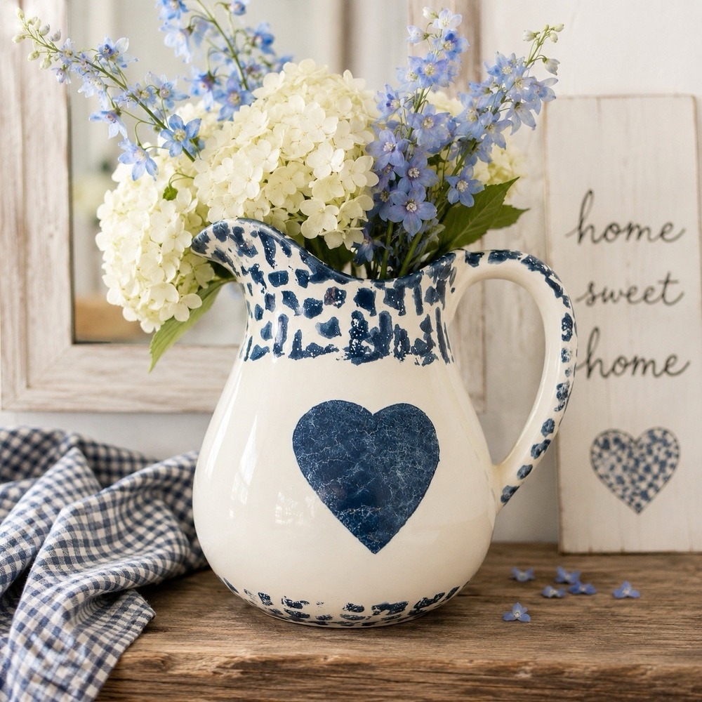VTG Blue Heart Pitcher Spongeware Style Farmhouse Cottagecore Water Tea Jug 8.5"